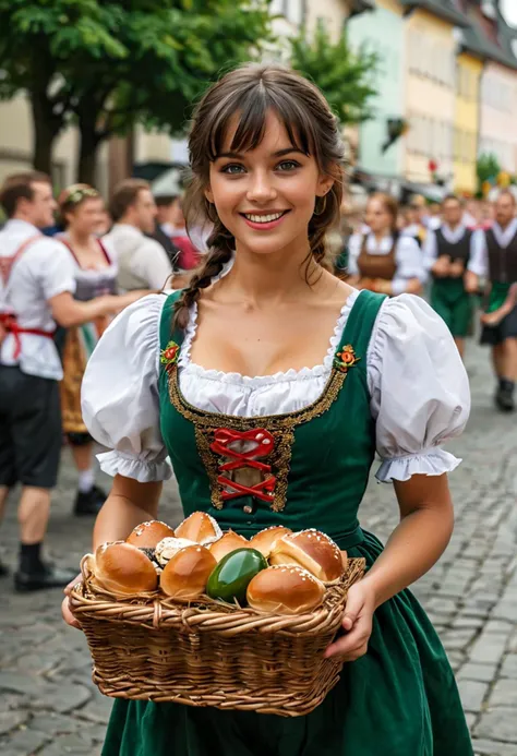 (medium full shot) of (traditional bavarian) young woman, spanish, tan skin, jade green eyes, normal build, long dark bangs hair, wearing a green midi dirndl with apron, traditional clogs, glossy lip gloss, carrying a woven basket,  set in  Oktoberfest, parade with people in traditional Bavarian costumes, decorated floats, marching bands playing festive tunes, spectators lining the streets, woman smiling, ,Masterpiece,best quality, photo, realistic, very aesthetic, detailed face,