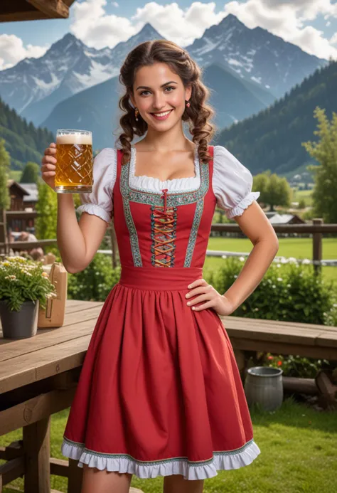 (medium full shot) of (vibrant bavarian) young woman, persian, ebony skin, hazel eyes, Medium build, medium hazel curly down hair, wearing a red dirndl bodice, traditional lederhosen, traditional clogs, glossy lip gloss, carrying a traditional beer stein,  set in  beer garden, serene setting with a view of the mountains, couples and families enjoying a meal, servers in traditional dress, soft evening light, woman smiling, Masterpiece,best quality, photo, realistic, very aesthetic, detailed face,