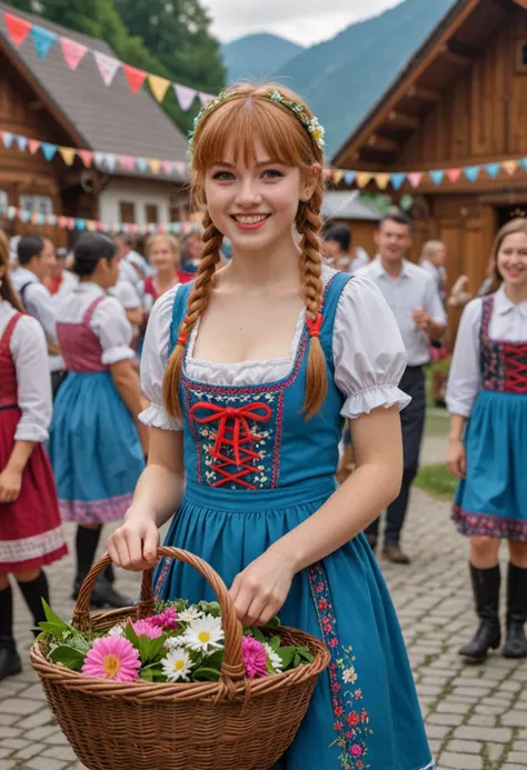 masterpiece, reality, 4k, (medium full shot) of (traditional bavarian) young woman, thai, fair skin, hazel eyes, petite build, long ginger bangs hair, wearing a blue dirndl with floral patterns, knee-high boots with rustic design, eyeliner, carrying a woven basket,  set in  alpine village, festive celebration with folk music and dance, people gathered in the town square, a maypole decorated with ribbons, children playing traditional games, woman smiling