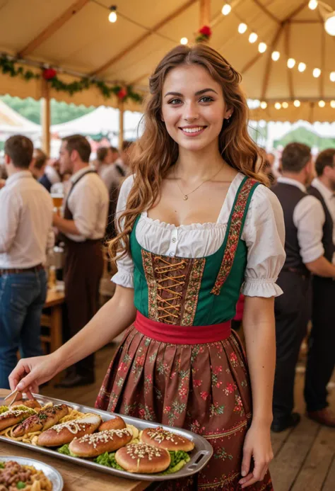 masterpiece, reality, 4k, (medium full shot) of (charming bavarian) young woman, persian, caramel skin, jade green eyes, slender build, long red wavy down hair, wearing a brown dirndl with floral patterns, ballet flats, eyeliner, suspenders,  set in  Oktoberfest, crowded beer tent with long wooden tables, people enjoying steins of beer, waitstaff carrying large trays of food, lively music from a brass band, at night, woman smiling