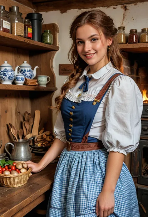 (medium full shot) of (charming bavarian) young woman, mexican, mahogany skin, hazel eyes, Medium build, extra long ginger side-swept hair, wearing a blue white blouse with puffy sleeves, checkered skirt, ankle boots with rustic design, glossy lip gloss, suspenders,  set in  farmhouse kitchen, rustic space with a large wooden table, open fireplace with a pot hanging over it, shelves stocked with jars and spices, an old-fashioned oven in the corner, at night, woman smiling, ,Masterpiece,best quality, photo, realistic, very aesthetic, detailed face,