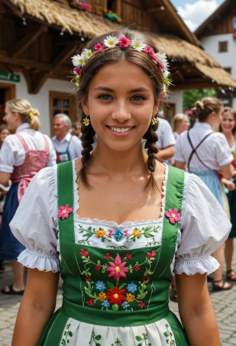 (medium full shot) of (vibrant bavarian) young woman, native american, tan skin, green eyes, lithe build, medium hazel shag cut hair, wearing a white dirndl with floral patterns, strappy sandals, black eyeshadow, embroidered apron,  set in  alpine village, festive celebration with folk music and dance, people gathered in the town square, a maypole decorated with ribbons, children playing traditional games, woman smiling, ,Masterpiece,best quality, photo, realistic, very aesthetic, detailed face,