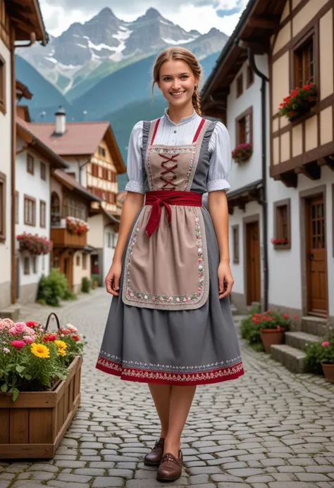 (medium full shot) of (cheerful bavarian) young woman, canadian, tan skin, brown eyes, petite build, short red single braid hair, wearing a grey midi dirndl with apron, traditional clogs, rosy cheeks, embroidered apron,  set in  alpine village, charming street lined with half-timbered houses, flower boxes in full bloom, cobblestone pathway, majestic mountains in the background, woman smiling, Masterpiece,best quality, photo, realistic, very aesthetic, detailed face,