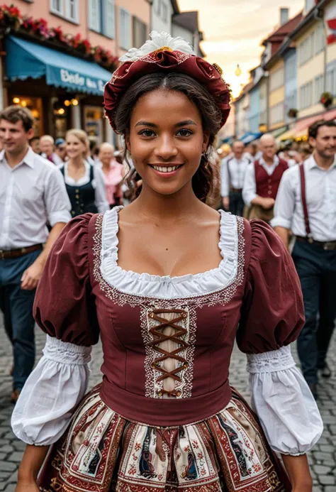 (medium full shot) of (charming bavarian) young woman, african, dark skin, black eyes, normal build, medium dark  hair, wearing a maroon white blouse with puffy sleeves, embroidered skirt, ballet flats, eyeliner, traditional hat,  set in  Oktoberfest, parade with people in traditional Bavarian costumes, decorated floats, marching bands playing festive tunes, spectators lining the streets, at sunset, woman smiling, ,Masterpiece,best quality, photo, realistic, very aesthetic, detailed face,