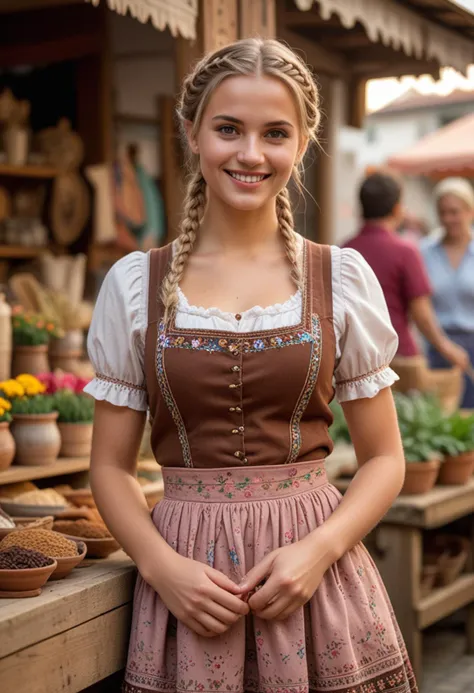 (medium full shot) of (charming bavarian) young woman, indian, mahogany skin, hazel eyes, petite build, short blonde single braid hair, wearing a brown dirndl with floral patterns, knee-high boots with rustic design, rosy cheeks, embroidered apron,  set in  marketplace, artisan stalls with handmade crafts, jewelry, pottery, and textiles, vibrant colors and patterns, artisans demonstrating their work, customers admiring and purchasing , at sunset, woman smiling, Masterpiece,best quality, photo, realistic, very aesthetic, detailed face,