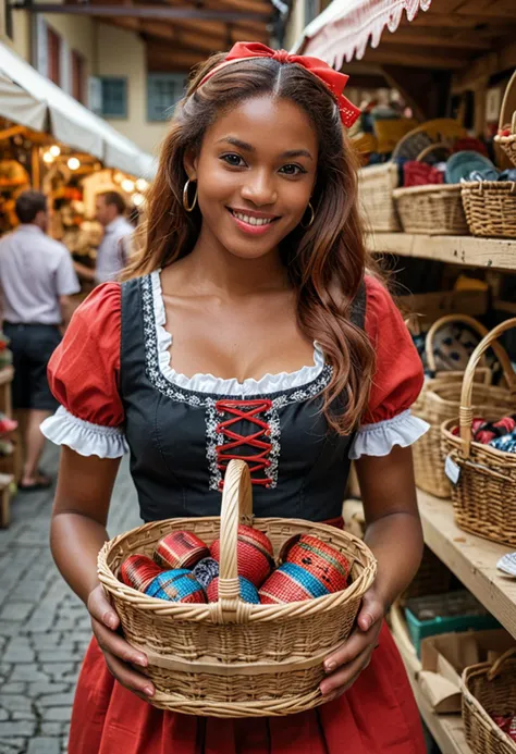 (medium full shot) of (charming bavarian) young woman, black american, dark skin, black eyes, slender build, long red  hair, wearing a red classic dirndl, strappy sandals, glossy lip gloss, carrying a woven basket,  set in  marketplace, artisan stalls with handmade crafts, jewelry, pottery, and textiles, vibrant colors and patterns, artisans demonstrating their work, customers admiring and purchasing , at night, woman smiling, ,Masterpiece,best quality, photo, realistic, very aesthetic, detailed face,