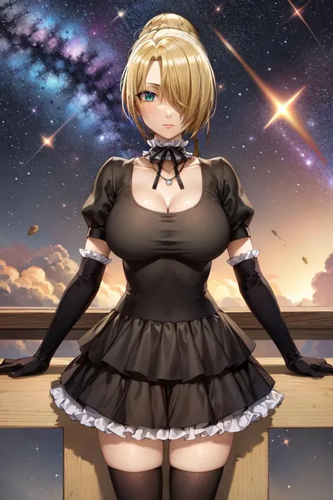 ((best quality)), ((highly detailed)), masterpiece, absurdres, (detailed eyes, deep eyes), (1girl), cowboy shot, <lora:hairdetailer:.8>, <lora:hilda_Beelzebub:1>, hilda_Beelzebub_aiwaifu69, blonde hair, short hair, hair bun, hair over one eye, green eyes, large breasts, frilled black choker, frilled black dress, puffy sleeves, collarbone, cleavage, elbow gloves, black gloves, black ribbon, skirt, black kneehighs, (stars, galaxies, space, asteroids, planets, rocket ship, morning, sunrise)