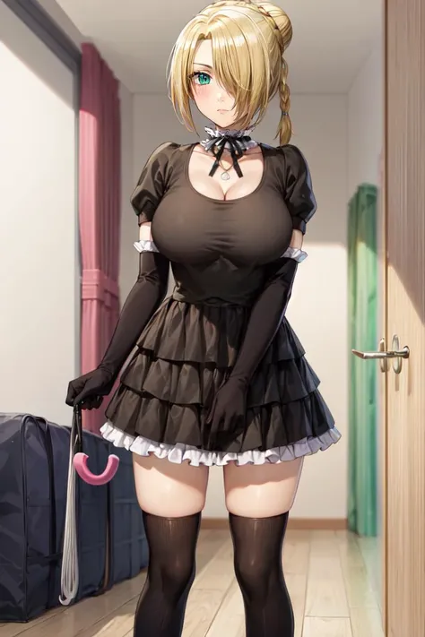 ((best quality)), ((highly detailed)), masterpiece, absurdres, (detailed eyes, deep eyes), (1girl), cowboy shot, <lora:hairdetailer:.8>, <lora:hilda_Beelzebub:1>, hilda_Beelzebub_aiwaifu69, blonde hair, short hair, hair bun, hair over one eye, green eyes, large breasts, frilled black choker, frilled black dress, puffy sleeves, collarbone, cleavage, elbow gloves, black gloves, black ribbon, skirt, black kneehighs, holding pink frilled umbrella, (indoors, at a gymnasium)