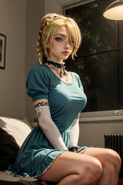 (masterpiece, best quality, highres:1.3), casual photography, HDR, natural light, (anti-aliasing:1.2), elegant, soft scattered light, realistic proportions, limited palette, backlit, accent lighting, (neutral colors:1.3), cross process, cinematic lighting, coherent light, coherent shadows, light passing through hair, (sharp), (cowboy shot:1.2), (seductive pose:1.2), (0001SRGoodPictureV3),
detailed face, detailed eyes, detailed skin, (intricate and beautiful:1.2), (detailed light:1.2), (soft lighting, side lighting, reflected light), solo, gorgeous greek goddess, large breasts, (thick\lips\), <lora:add_detail:0.65>, (looking at viewer, sitting:1.2), <lora:ZH_Mushyee_v1:1> zh_mushyee_normalgirl, zh_mushyee_cosplaygirl, yellow eyes, tattoo, realistic, freckles, lips, (beautiful detailed eyes:1.2), <lora:ANIME_hilda_Beelzebub_aiwaifu69:0.8> hilda_Beelzebub_aiwaifu69, aiwaifu69, blonde hair, choker, braid, gloves, dress, elbow gloves, jewelry, puffy short sleeves, (hair over one eye:1.2), jewelry