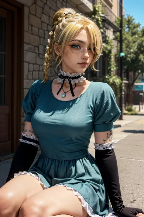 (masterpiece, best quality, highres:1.3), casual photography, HDR, natural light, (anti-aliasing:1.2), elegant, soft scattered light, realistic proportions, limited palette, backlit, accent lighting, (neutral colors:1.3), cross process, cinematic lighting, coherent light, coherent shadows, light passing through hair, (sharp), (cowboy shot:1.2), (seductive pose:1.2), (0001SRGoodPictureV3),
detailed face, detailed eyes, detailed skin, (intricate and beautiful:1.2), (detailed light:1.2), (soft lighting, side lighting, reflected light), solo, gorgeous greek goddess, large breasts, (thick\lips\), <lora:add_detail:0.65>, (looking at viewer, sitting:1.2), <lora:ZH_Mushyee_v1:1> zh_mushyee_normalgirl, zh_mushyee_cosplaygirl, yellow eyes, tattoo, realistic, freckles, lips, (beautiful detailed eyes:1.2), <lora:ANIME_hilda_Beelzebub_aiwaifu69:0.8> hilda_Beelzebub_aiwaifu69, aiwaifu69, blonde hair, choker, braid, gloves, dress, elbow gloves, jewelry, puffy short sleeves, (hair over one eye:1.2), jewelry