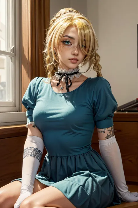 (masterpiece, best quality, highres:1.3), casual photography, HDR, natural light, (anti-aliasing:1.2), elegant, soft scattered light, realistic proportions, limited palette, backlit, accent lighting, (neutral colors:1.3), cross process, cinematic lighting, coherent light, coherent shadows, light passing through hair, (sharp), (cowboy shot:1.2), (seductive pose:1.2), (0001SRGoodPictureV3),
detailed face, detailed eyes, detailed skin, (intricate and beautiful:1.2), (detailed light:1.2), (soft lighting, side lighting, reflected light), solo,  gorgeous greek goddess, large breasts, (thick\lips\),  <lora:add_detail:0.65>, (looking at viewer, sitting:1.2), <lora:ZH_Mushyee_v1:1> zh_mushyee_normalgirl, zh_mushyee_cosplaygirl, yellow eyes, tattoo, realistic, freckles, lips, (beautiful detailed eyes:1.2),  <lora:ANIME_hilda_Beelzebub_aiwaifu69:0.8> hilda_Beelzebub_aiwaifu69, aiwaifu69, blonde hair, choker, braid, gloves, dress, elbow gloves, jewelry, puffy short sleeves, (hair over one eye:1.2), jewelry