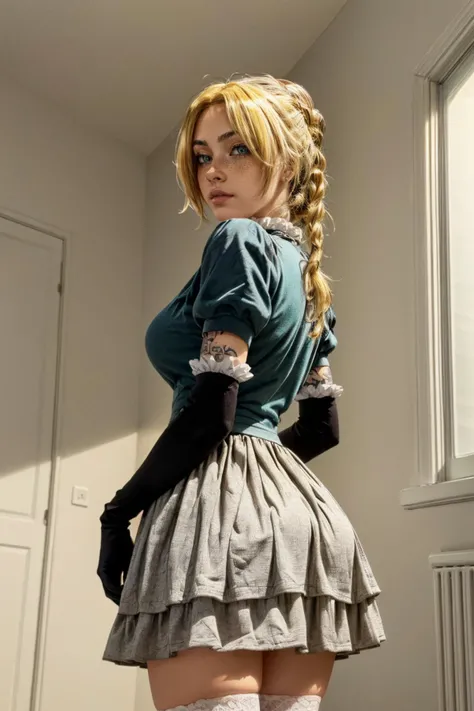 (masterpiece, best quality, highres:1.3), casual photography, HDR, natural light, (anti-aliasing:1.2), elegant, soft scattered light, realistic proportions, limited palette, backlit, accent lighting, (neutral colors:1.3), cross process, cinematic lighting, coherent light, coherent shadows, light passing through hair, (sharp), (cowboy shot), (seductive pose:1.2), (0001SRGoodPictureV3),
detailed face, detailed eyes, detailed skin, (intricate and beautiful:1.2), (detailed light:1.2), (soft lighting, side lighting, reflected light), solo, gorgeous greek goddess, large breasts, (thick\lips\), <lora:add_detail:0.75>, (looking at viewer:1.2), <lora:ZH_Mushyee_v1:1> zh_mushyee_normalgirl, zh_mushyee_cosplaygirl, yellow eyes, tattoo, realistic, freckles, lips, (beautiful detailed eyes:1.2), <lora:ANIME_hilda_Beelzebub_aiwaifu69:1> hilda_Beelzebub_aiwaifu69, aiwaifu69, blonde hair, hair over one eye, choker, braid, gloves, dress, elbow gloves, jewelry, puffy short sleeves, (hair over one eye:1.2), jewelry
