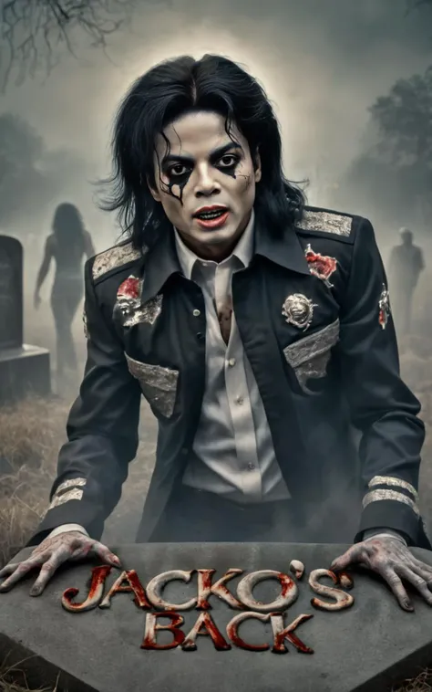 (text:"Jacko's back":1.6), a photo of zombie michael jackson, attacking the camera, (crawling:1.3) out of her grave, stuck in his grave, cemetery, (dark night:1.3), (fog:1.2), extreme realistic, intricate details, HDR, extreme realistic, extreme creepy, <lora:BetterTextRedmond:0.7>