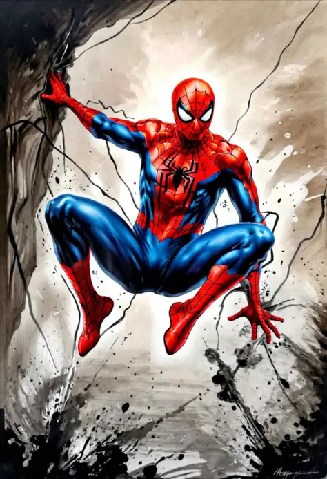(masterpiece)
Spider-man
ink painting,
full body,
HDR, ultra realistic, 8k, intricated detail, trending on artstation,