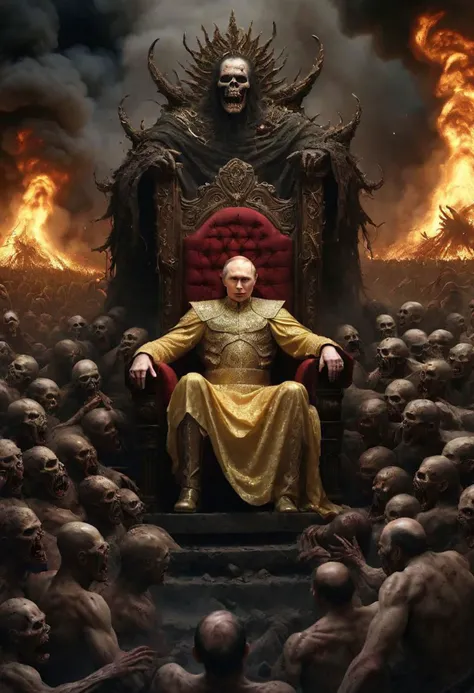 (((crowd))) of semi-decayed crazy zombies ((worships)) (gigantic) throne on pedestal with (huge) (((giant))) (old) emperor detailed (((Vladimir Putin with majestic face wearing golden royal robes))), ((((shining detailed face)))), in the middle of firing (ruins), darkness, (smokes), dark scorched earth, (hill of (corpses)) on background, wildfire on background, (((solemn))), HellAI