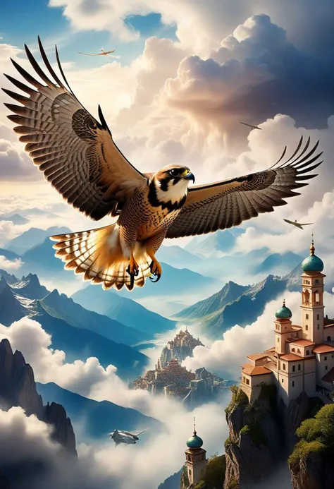 (incompatible, high fashion, but extremely beautiful:1.4), (complex details, masterpiece, best quality:1.4) , real photo style, elegant, modern, ultramodern,  detailed, ((The falcon flies in the mountains, between the clouds )) and ((completely submerged in the clouds))+,against the background of a flying city in the clouds, the light in the portholes,