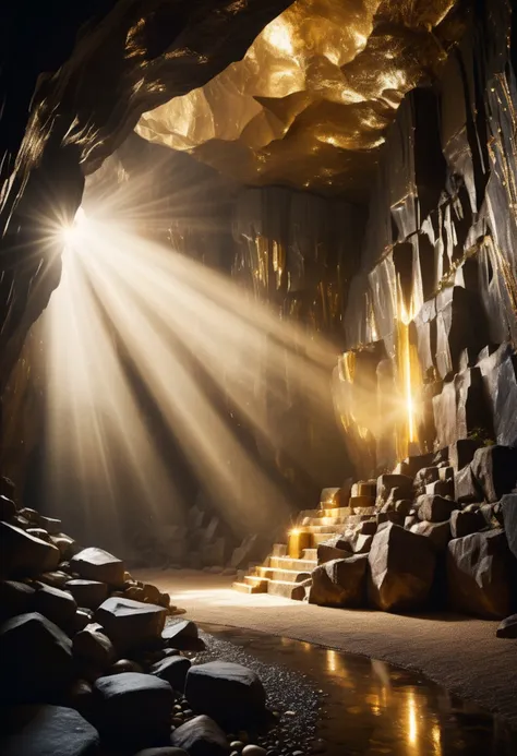 giant dark cave wall with interveined with gold and jewels, radiant beams of light reflecting in glimmering jewels, intricate details, natural stone, mysterious lighting, extremely detailed, cinematic lighting, film shot, film grain, sharp focus, dark atmosphere