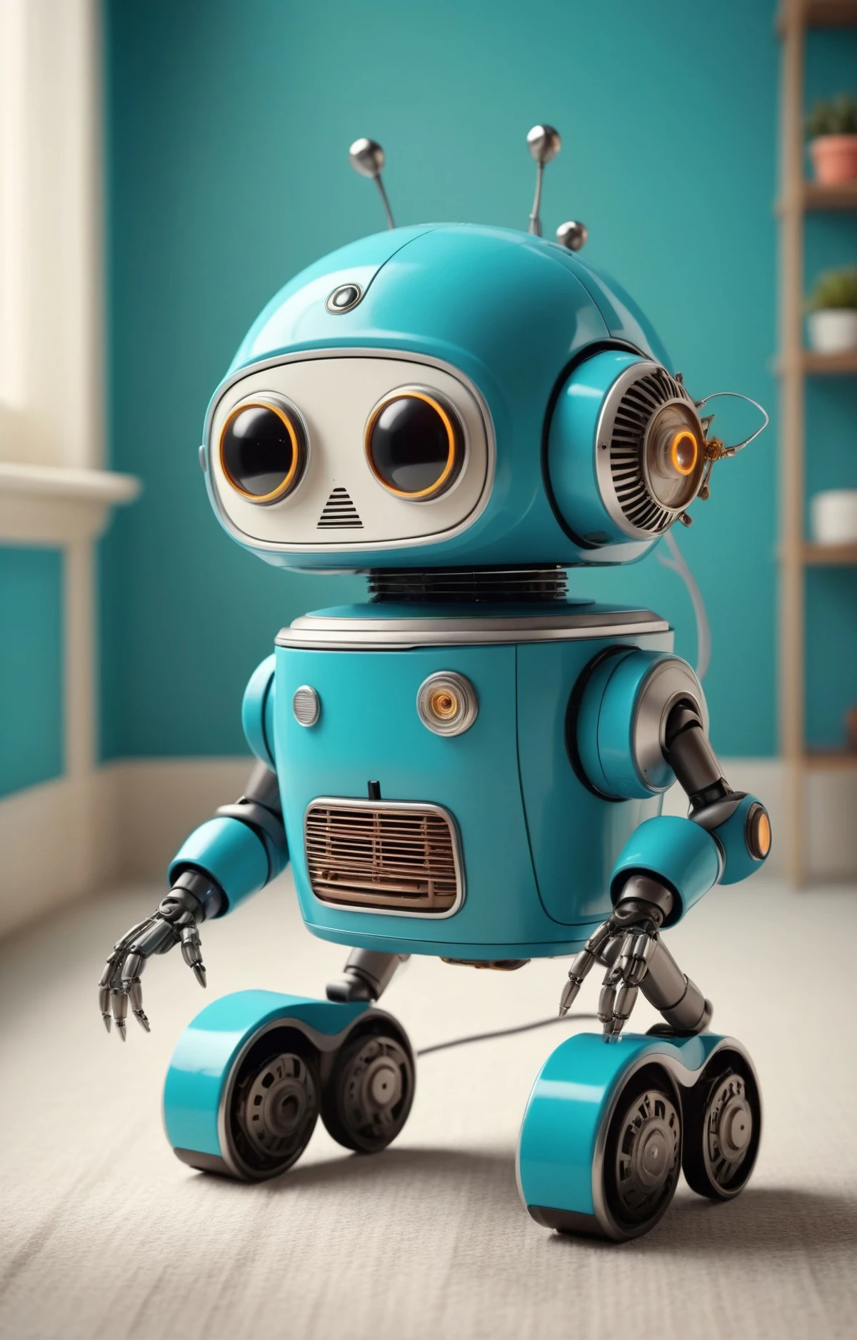 fashion photoshoot, a photo of a 1950s retro-futuristic tiny and cute cleaning robot with arms and legs, intricate detail, vibrant atmosphere, sharp focus, 4k, 8k, high quality