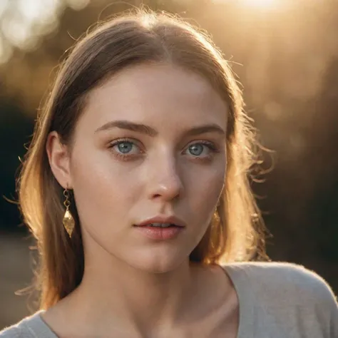 portrait photo of a 24 years old  woman with blue eyes, golden earring by Elsa Bleda, a warm sunlight casting on her face --ar 4:5 --style raw --v 6