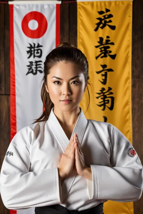 close portrait, two 30 year old women in karate uniforms standing back to back in action pose looking at viewer, elaborate dojo with banners in the background, detailed skin, porous skin, sharp focus, highest detail, studio lighting, award winning photography