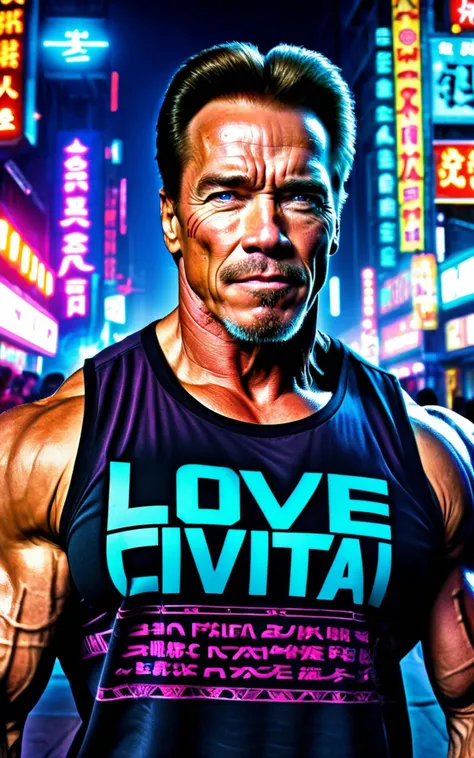 a photo of Arnold Schwarzenegger, futuristic muscle shirt with (text: "love civitai":1.4), text on shirt, (cyberpunk:1.3) town,front view, detailed face, dramatic pose, extreme dark night, neon signs, china, chinatown, (night:1.5), futuristic scene, cyberpunk scene cyberpunk universe, HDR, intricate details, detailed face, detailed eyes, (text: "love civitai":1.4)