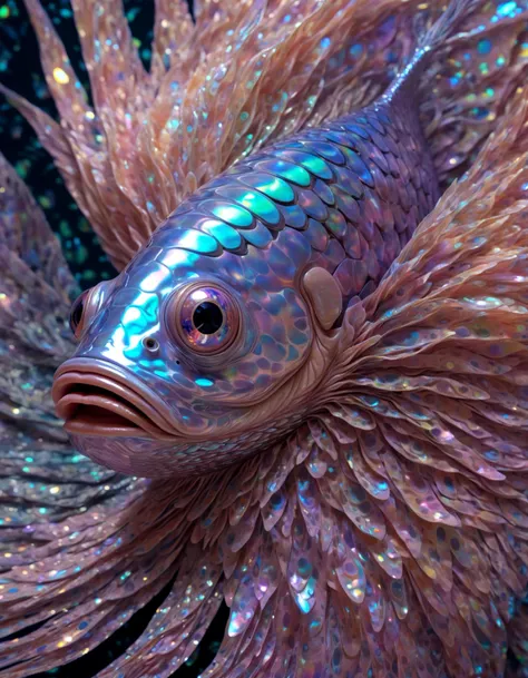 close up roe fish face Holographic fabrics changing colors and textures, psychedelic patterns, shimmering illusions, haute couture that plays tricks on the eyes, Vogue of Holo-Delirium, an environment filled with ever-shifting holographic projections and disorienting visuals.,detailed, ,