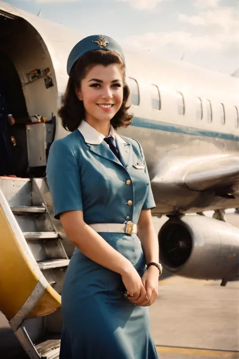 Ananlog, discolored edges vintage photo, 1960s two 22 year old airline stewardess in classic uniform smile standing at the entrance of plane looking at viewer , sharp focus, detailed skin, porous skin, detailed eyes, sharp focus <lora:AnalogRedmondV2-Analog-AnalogRedmAF:1>