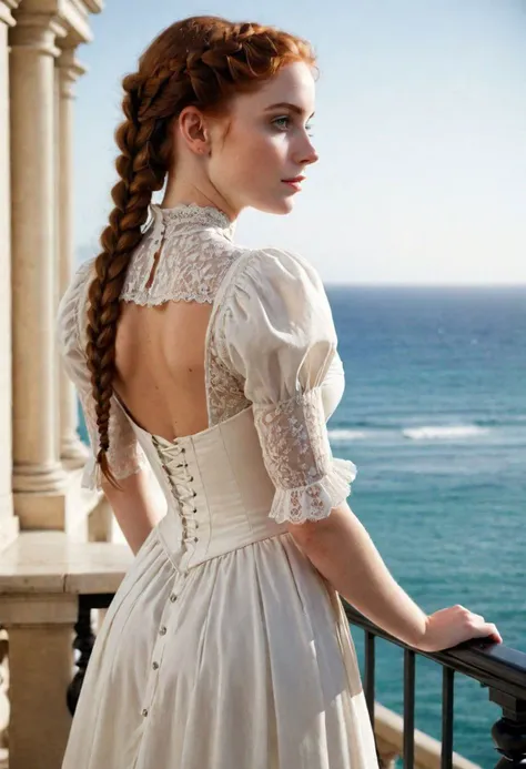 An award winning portrait (solo:1.21) of a 1girl wearing victorian dress, leaning over a balcony looking at the ocean, amazing body, pronounced feminine features, full body, braided hair, freckles, body freckles, curvy, french braid, natural lighting, beautiful lighting, romantic, sensual, beautiful,