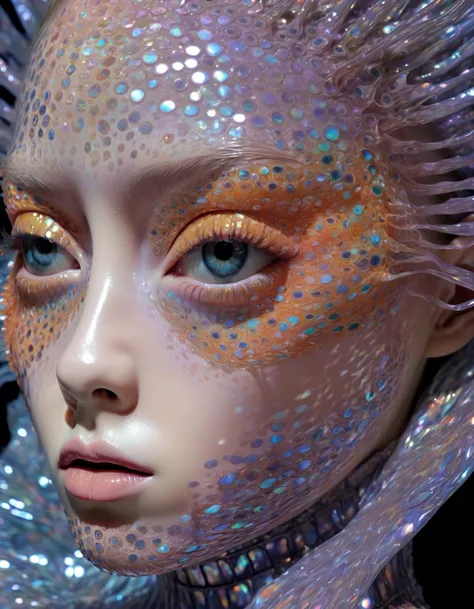 close up she made of fish (roe:1.25) face Holographic fabrics changing colors and textures, psychedelic patterns, shimmering illusions, haute couture that plays tricks on the eyes, Vogue of Holo-Delirium, an environment filled with ever-shifting holographic projections and disorienting visuals.,detailed, ,