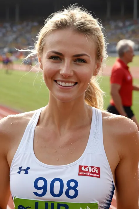 close portrait, pretty smiling 30 year old blonde Australian women track runner sweating after a long race looking at viewer, crowded track stadium in the background, sweat droplets, detailed skin, porous skin, sharp focus, midday sun, award winning photography