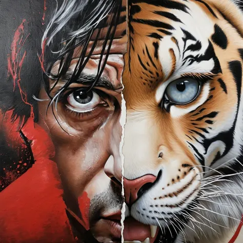 Movie Poster, insane details, award-winning photorealistic painting, a painting of a centered split face, visual face split, red boxing gloves, eye of the tiger, painting of a pale tiger as right side of face, style of Rene Magritte, <lora:FF_Style_Rene-Magritte:0.5>
AND painting of a Sylvester Stallone as Rocky in the style of Bas Waijers as left side of face <lora:Bas_Waijers_-_Artstyle_Style_SDXL:0.5>