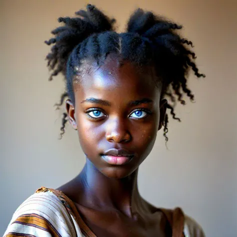 Photograph of a cute light colored african girl with blue eyes,