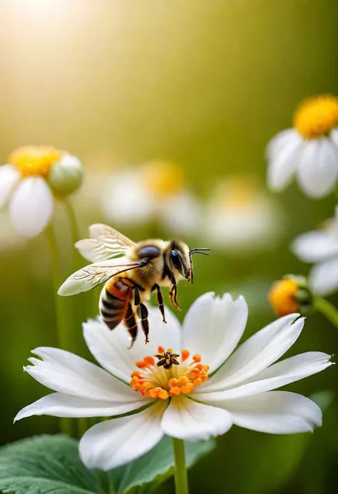 realistik photo, flower, little girl (Thumbelina) sitting on a flower, blur, white flower, bee, depth of field, bee wings