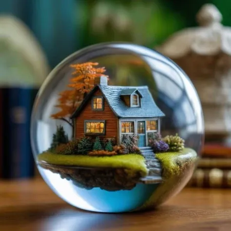 a tiny realistic cottage, in a  glass sphere, with a blurry background, David Budd, tiny, a microscopic photo, magical realism, accurate, correct anatomy