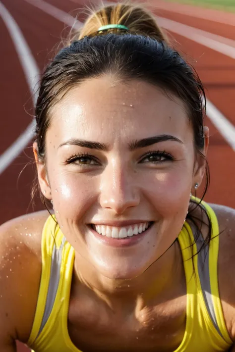 close portrait, pretty smiling 30 year old women track runner sweating after a long race looking at viewer, crowded track stadium in the background, sweat droplets, detailed skin, porous skin, sharp focus, midday sun, award winning photography