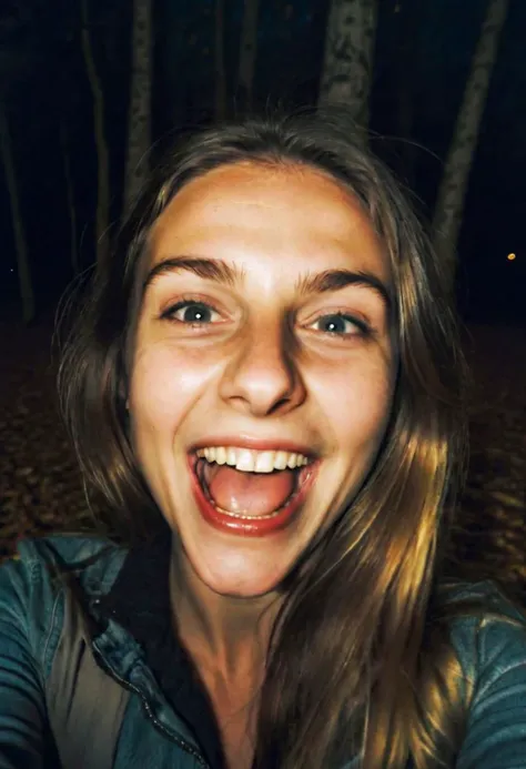 girl at night in the wood, selfie, laughing, night, very dark, autumn, vhs camera style ,grainy, ((motion blur)), blurry