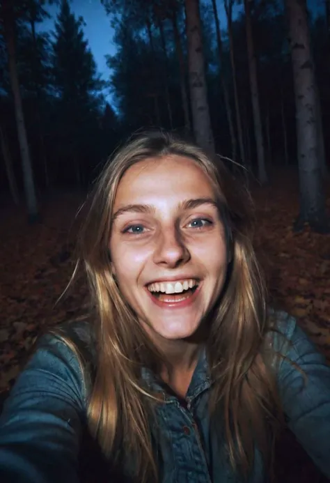 girl at night in the wood, selfie, laughing, night, very dark, autumn, infrared vhs ,grainy, ((motion blur)), blurry