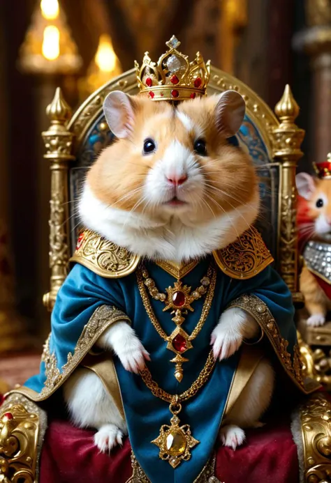 a fluffy Dzungarian hamster in royal robes with a crown on his head, sits on a golden throne, decorated with precious stones, diamonds, textured gold filigree inserts, LED glow inside, against the background of a medieval throne room, tapestries depicting hamsters in armor on the walls, mysterious, magical light, intricate, very detailed, Macro photography, close-up, hyper detailed, trending on artstation, sharp focus, studio photo, intricate details, highly detailed, by greg rutkowski<lora:xl_more_art-full_v1:0.3>