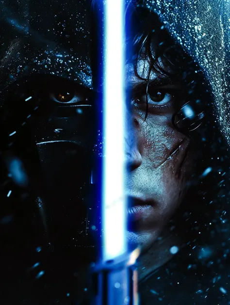 Epic movie poster, closeup face portrait of Darth Vader holding a lightsaber in front of face, (half of the face is Darth Vader, on other half is Anakin Skywalker:1.3), TwoFace Blade, 16k, UHD, DSLR, Insane Details, award-winning photo,