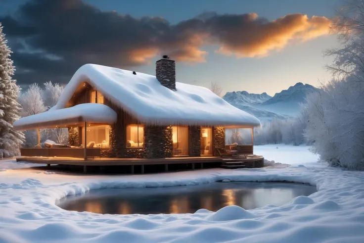 Unparalleled masterpiece, (photorealistic:1.4), best quality, beautiful lighting, (hot spring), (extremely detailed 8k wallpaper), full shot landscape photo of the most beautiful artwork in the world, winter wonderland, snow, ice, cloudy sky background lush landscape house and trees illustration concept art
