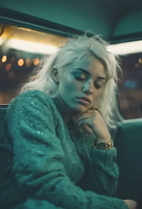 candid snapshot of a 25-year-old half-alien and half-human woman with (teal-coloured skin and with golden freckles:1.2) and with white hair as a tired party girl asleep on a night bus with her head leaning against the window after a night of partying in London, highly detailed, award winning photo,(polaroid style:0.6), (cross processing:0.6)