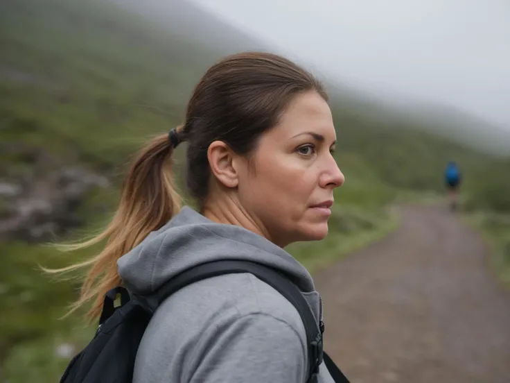 a perfect closeup photo of a kinda (stressed:0.4) normal woman looking back at me over her shoulder, (walking on the trail:0.6), overcast