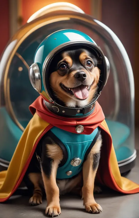 fashion photoshoot, a photo of a 1950s retro-futuristic tiny and adorable dog smiling and wearing a glass dome helmet a cape and a jetpack, intricate detail, vibrant atmosphere, sharp focus, 4k, 8k, high quality