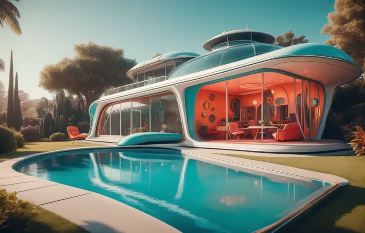 fashion photoshoot, a photo of a 1950s retro-futuristic house, intricate detail, vibrant atmosphere, sharp focus, 4k, 8k, high quality