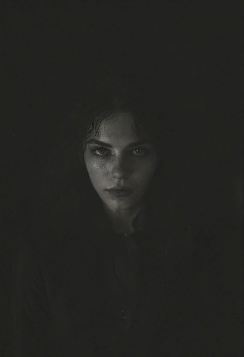 dark photo of a 25-year-old gorgeous girl who is the mysterious patron saint of all carnies and the ring mistress of the dark circus, the photo has a raw and wild and enigmatic energy, natural face, natural eyebrows, tantalising eyes, natural skin texture, award winning photo, highly detailed face, atmospheric lighting, film grain