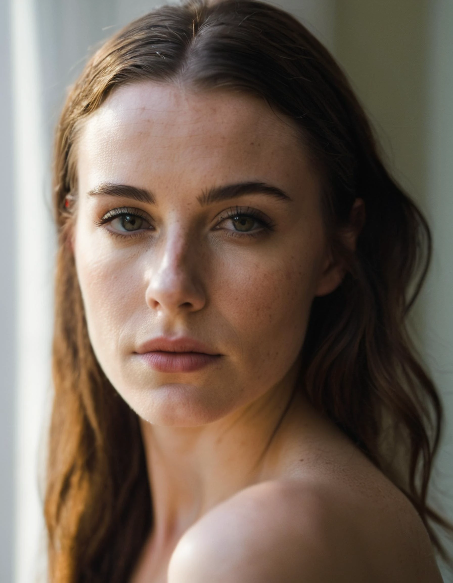 raw upper body photo of a beautiful cute young irish woman, topless, skin moles, detailed skin, cinematic shot, indoors, haze lighting, autofocus