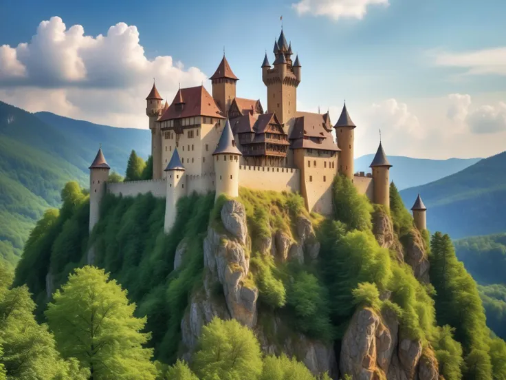 a RAW photo of a medieval castle on a mountain, forest, intricate details, HDR, masterpiece, digital photo, realism, extreme realistic