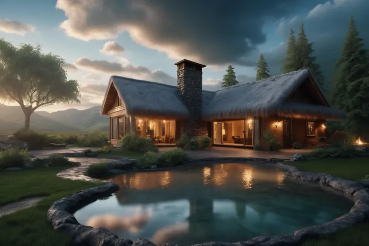 Unparalleled masterpiece, (photorealistic:1.4), best quality, beautiful lighting, (hot spring), (extremely detailed 8k wallpaper), full shot landscape photo of the most beautiful artwork in the world, cloudy sky background lush landscape house and trees illustration concept art