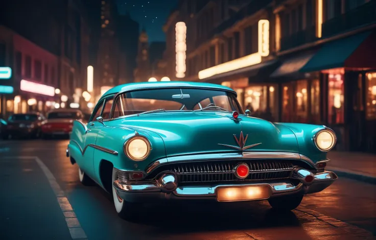 fashion photoshoot, a photo of a 1950s retro-futuristic car at night, low lit, bokeh, intricate detail, vibrant atmosphere, sharp focus, 4k, 8k, high quality