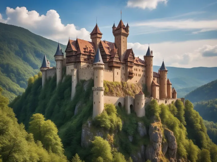 a RAW photo of a medieval castle on a mountain, forest, intricate details, HDR, masterpiece, digital photo, realism, extreme realistic
